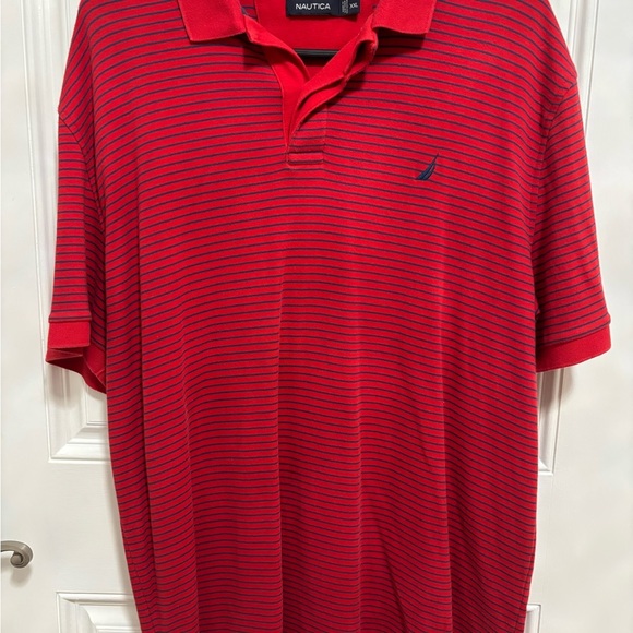 Nautica Polo Shirt XXL Red Navy Striped Short Sleeve 100% Cotton - Picture 1 of 3